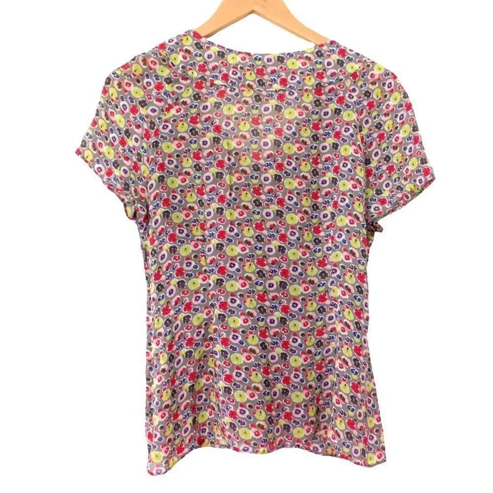 Boden Womens Top Size US 8 Gray Pink Floral Ditsy Print Short Sleeve V Neck Y2K - Picture 4 of 5